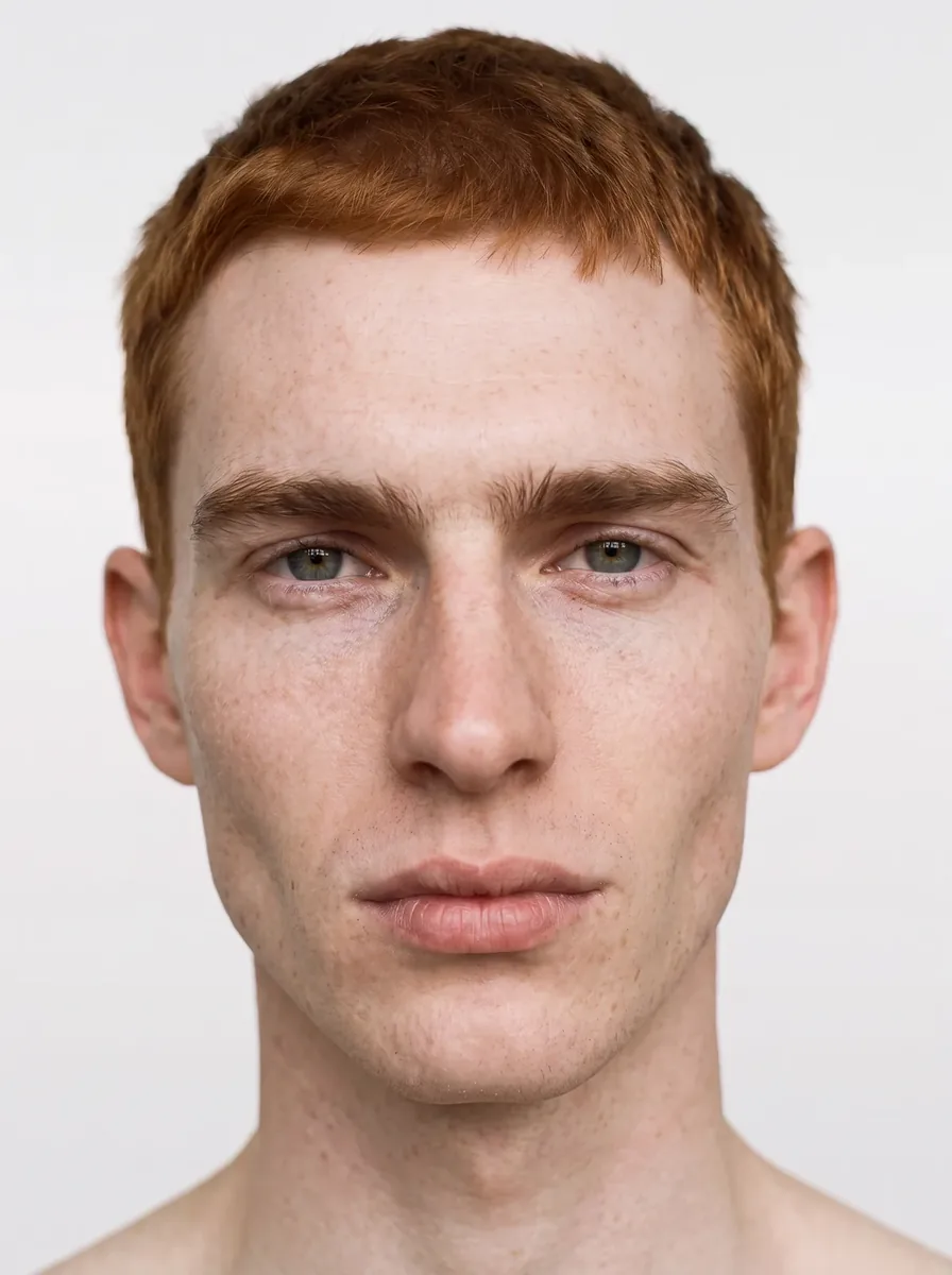 A virtual model with short auburn hair, looking to camera